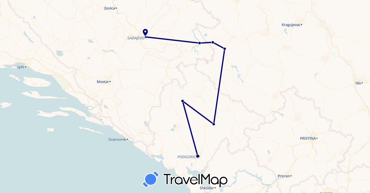 TravelMap itinerary: driving in Bosnia and Herzegovina, Montenegro, Serbia (Europe)